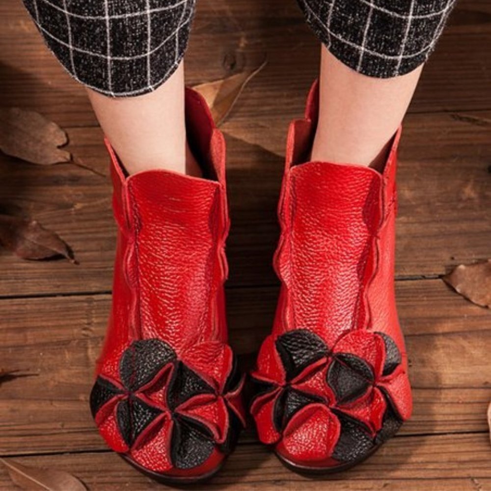 Rushiman Rumour Has It | Red Floral Leather Ankle Boot - Women size 4.5 / 5